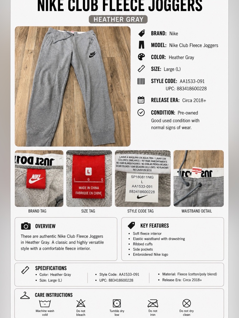 Nike Club Fleece Joggers Men’s Large Heather Gray Sweatpants AA1533-091